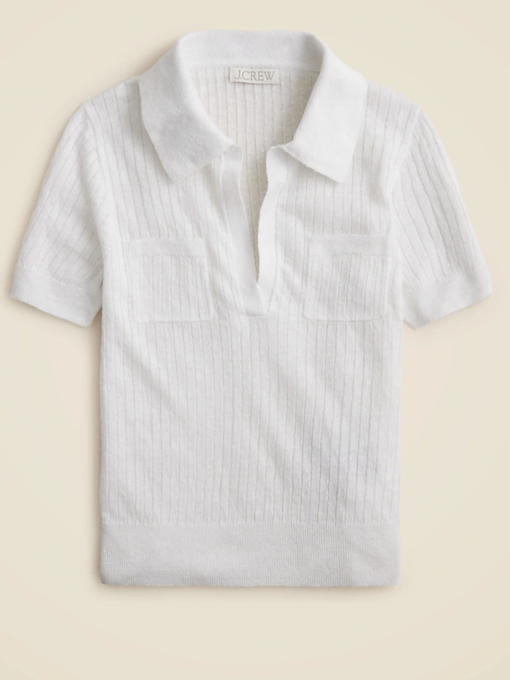J. Crew White Ribbed Short-Sleeve Linen Polo Sweater Top-NWT